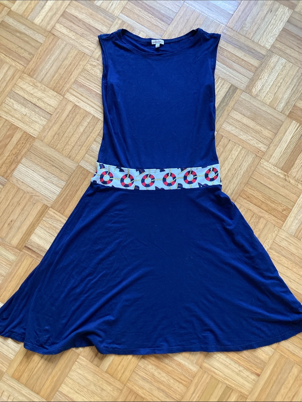 Navy Sleeveless A-Line Boating Dress with Patterned Drop Waistband